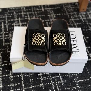 LOEWE Men's Black Velvet Slide Sandals with Gold Anagram
